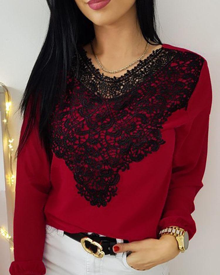 

Lace Insert Long Sleeve Casual Blouse, Red