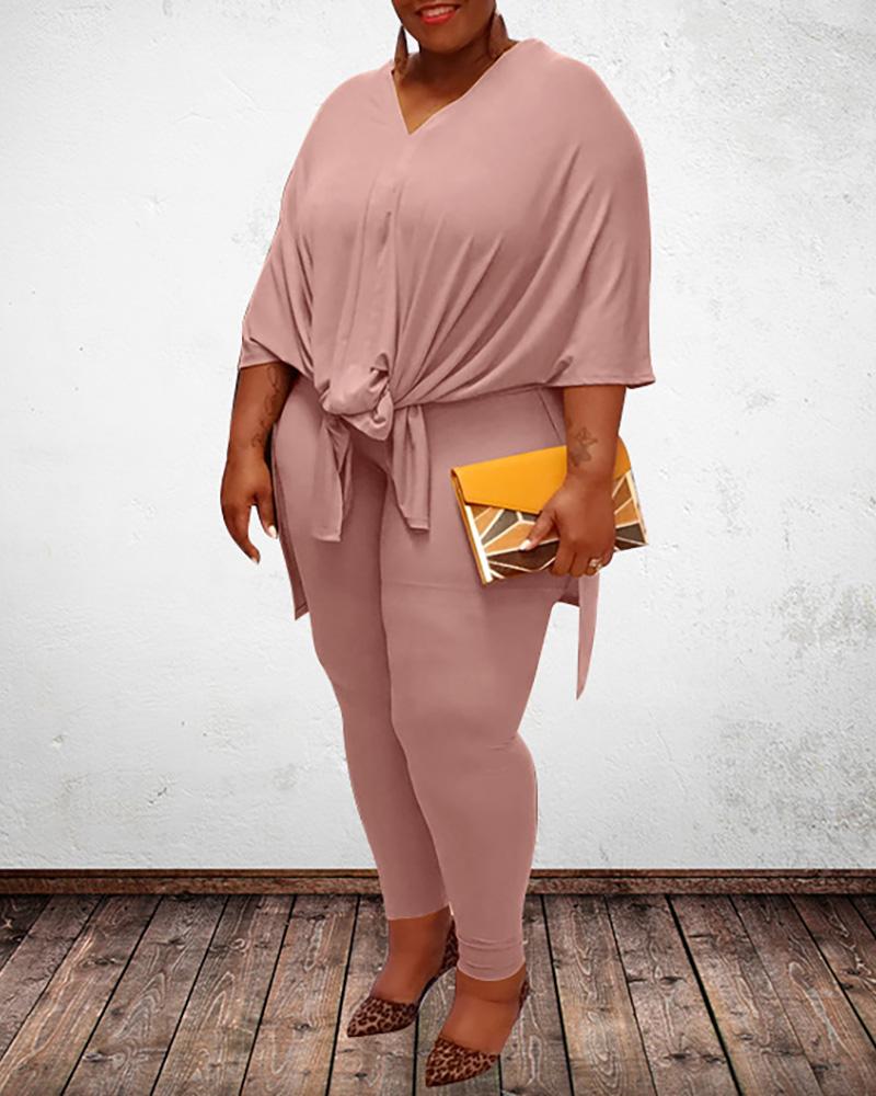 

Plus Size Plain Side Slit Top & High Waist Pants Set, Pink