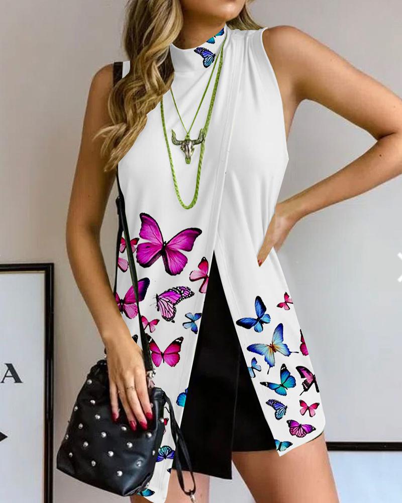 

Butterfly Print Sleeveless Wrap High Neck Top, White