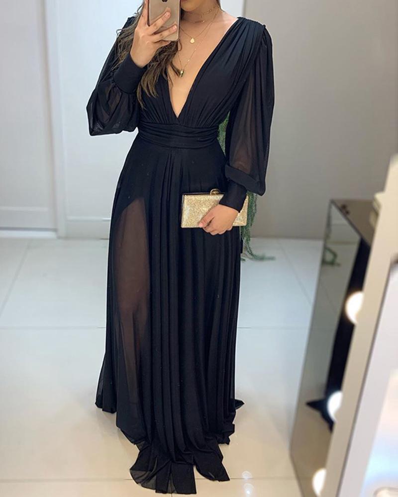 black long sleeve plunge maxi dress