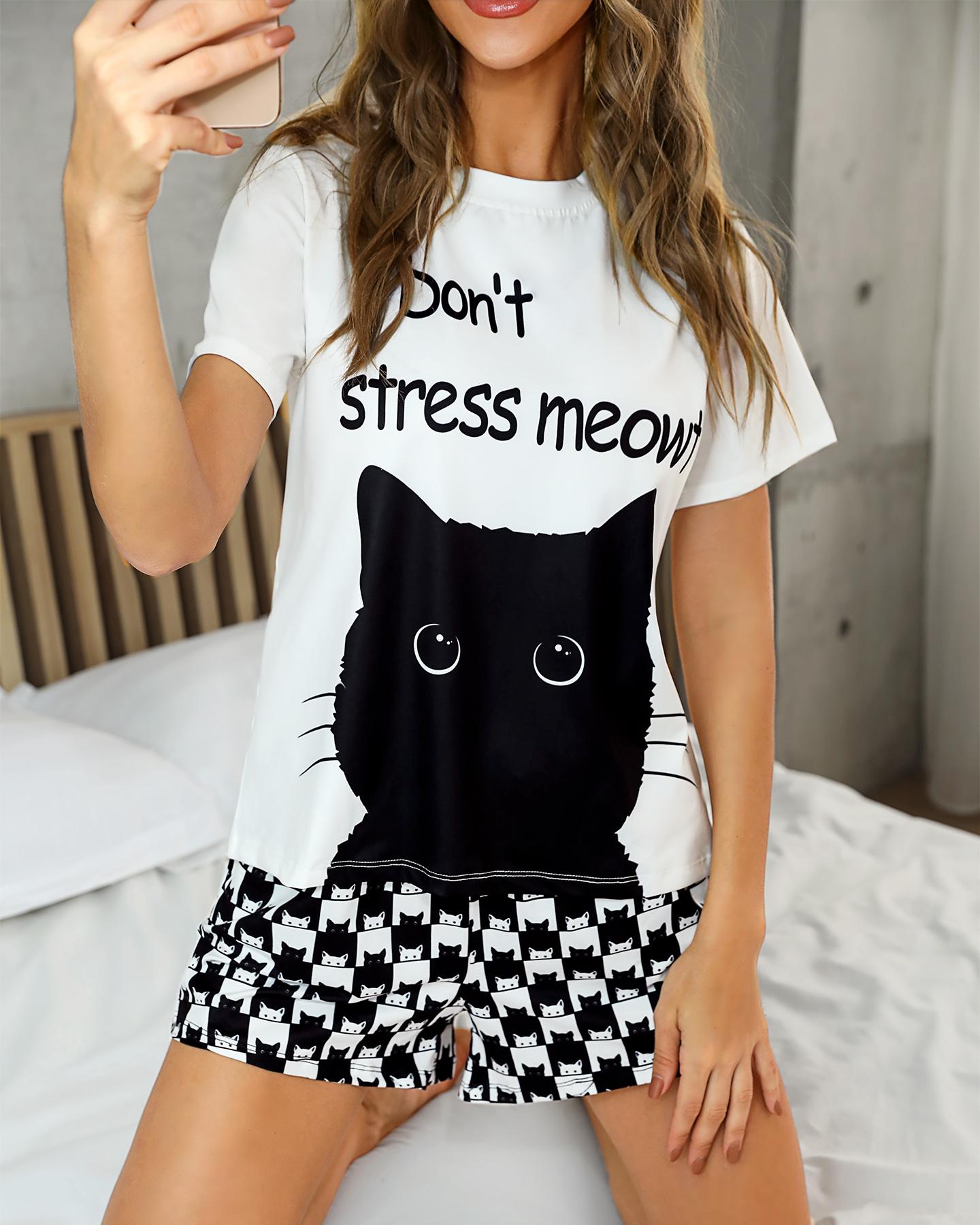 

Cat Print Short Sleeve Pajamas Set, Black