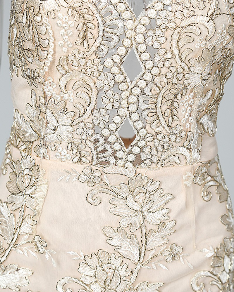 sexy spaghetti strap embroided backless cocktail bodycon dress