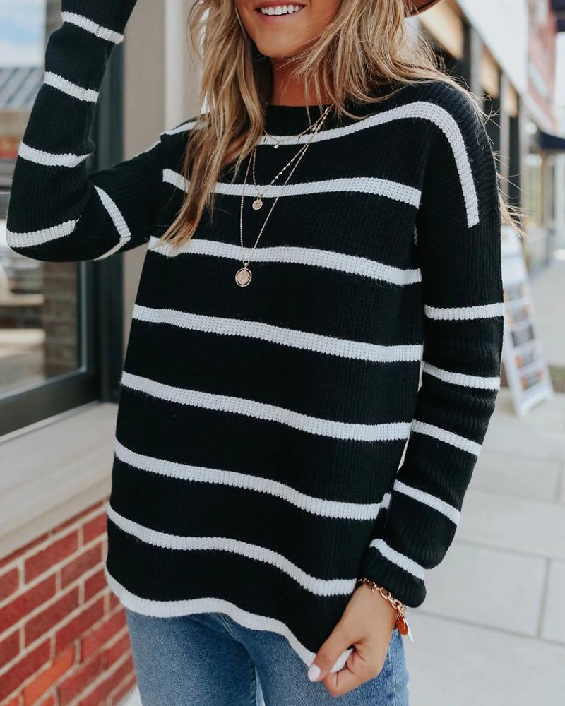 

Loose Stripe Long Sleeve Sweater, Black