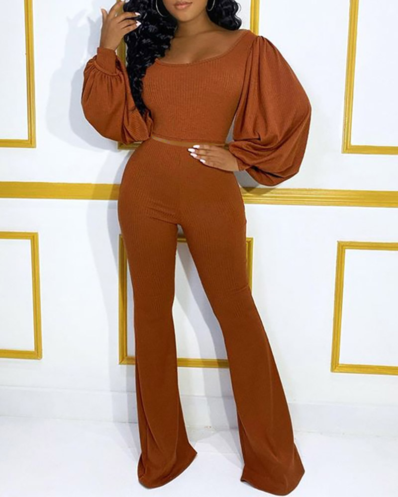 

Plain Lantern Sleeve Ribbed Top & Flared Pants Set, Brown
