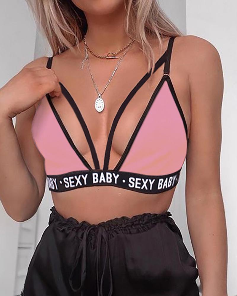 

Letter Strap Cutout Push Up Bra Tank Top Sport Unlined Bralette, Pink