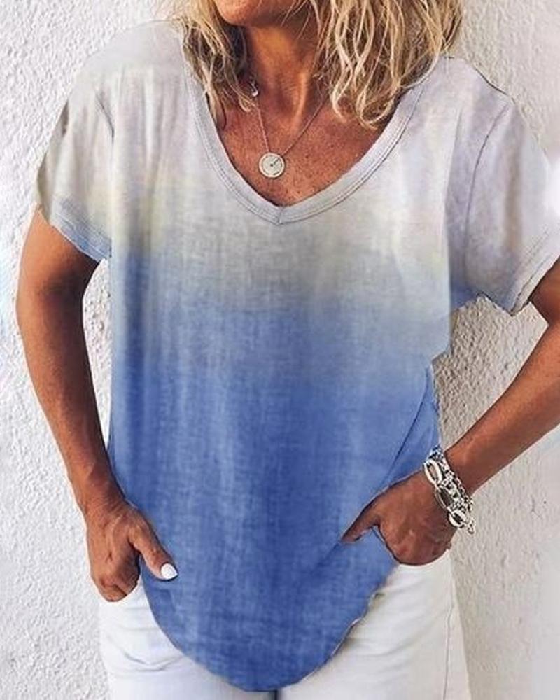 

V-neck Gradient Color Casual T-shirt, Blue