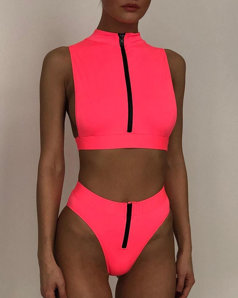 

Zipper Design Sleeveless Bikini Set, Pink