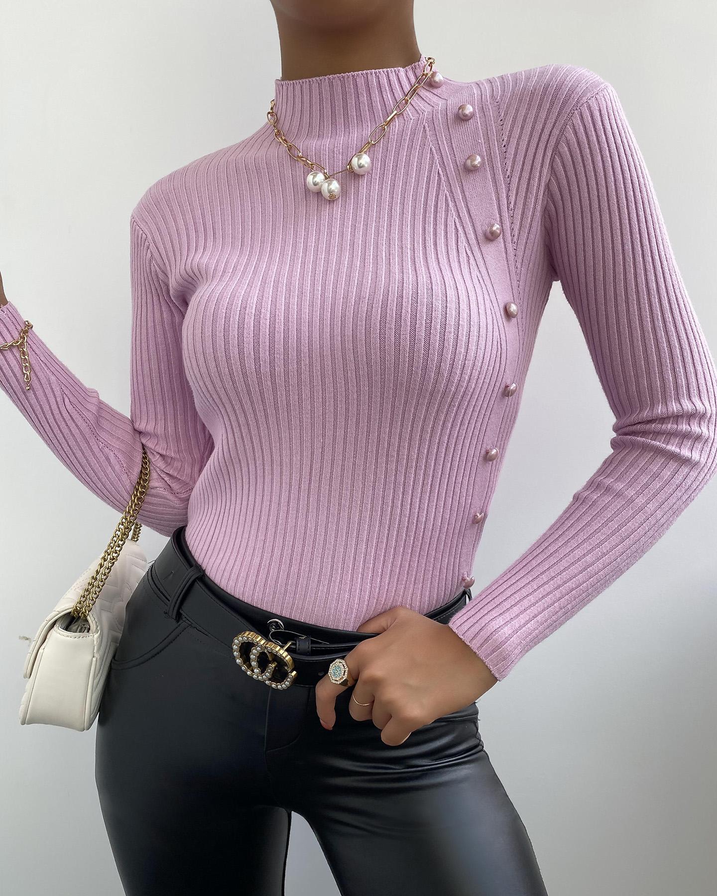 

Beaded Long Sleeve Knit Sweater, Pink