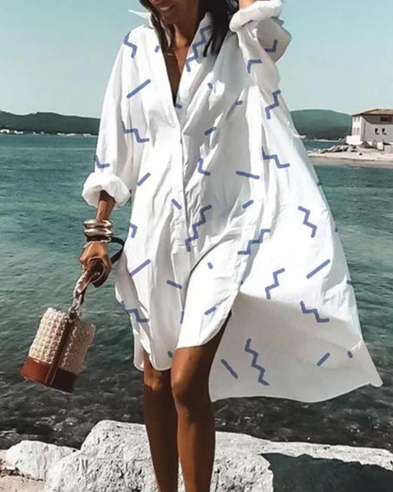 

Plain / Printed Long Sleeve Casual Shirt Dress, Style4