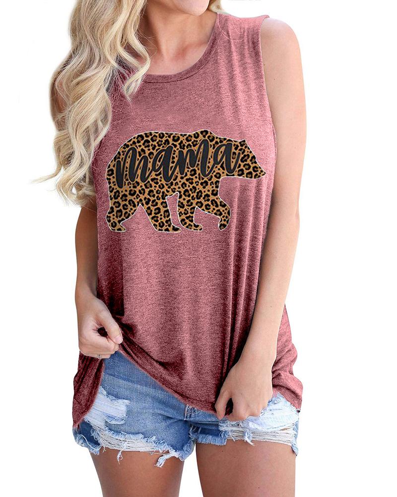 

Letter / Cheetah / Bear Print Casual Tank Top, Pink