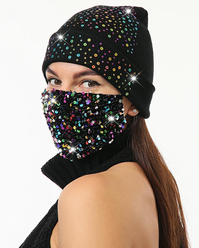

Sequins Cuffed Beanie With Face Mask, Black