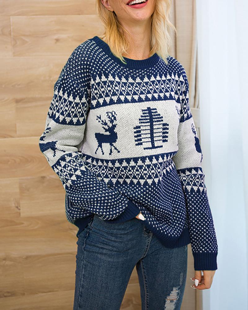 

Christmas Moose Tree Print Knit Ugly Sweater, Blue