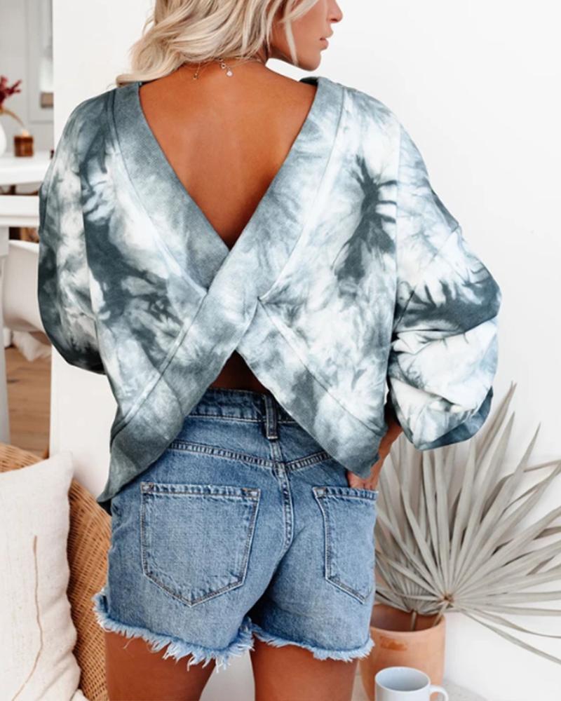 

Printing Cross Halter Long Sleeve Blouse, Green