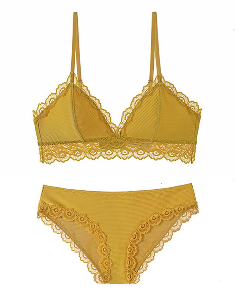 

Push Up Lace Trim Breathable Lingerie Set, Yellow