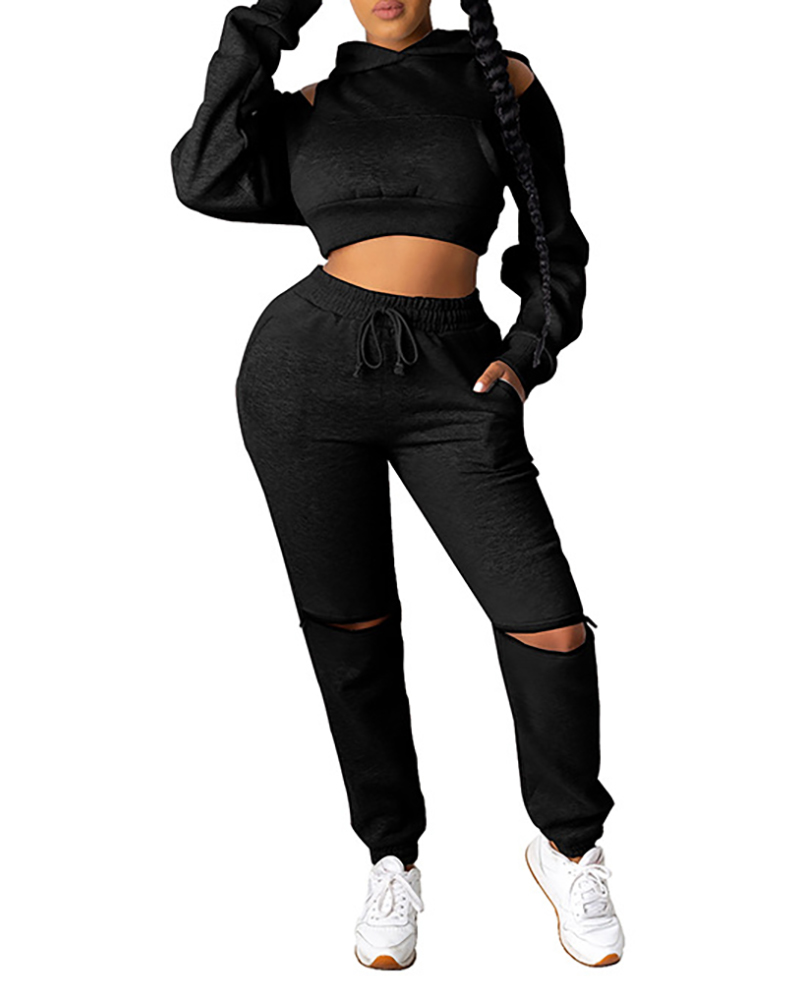 

Cold Shoulder Hooded Crop Top & Drawstring Cutout Pants Set, Black