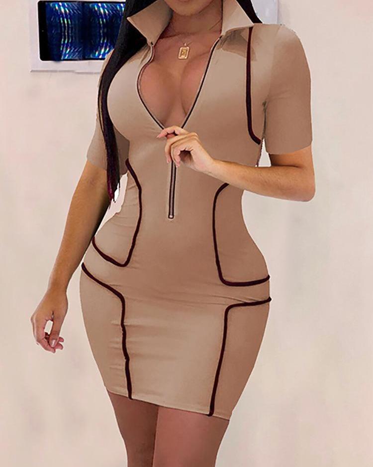 

Contrast Piping Zipper Design Bodycon Dress, Khaki