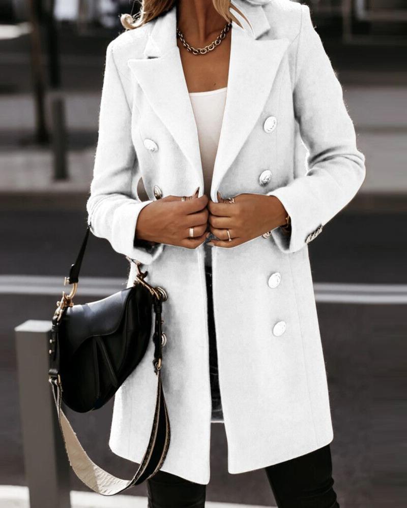 

Plain Double Breasted Long Sleeve Trench Coat, White
