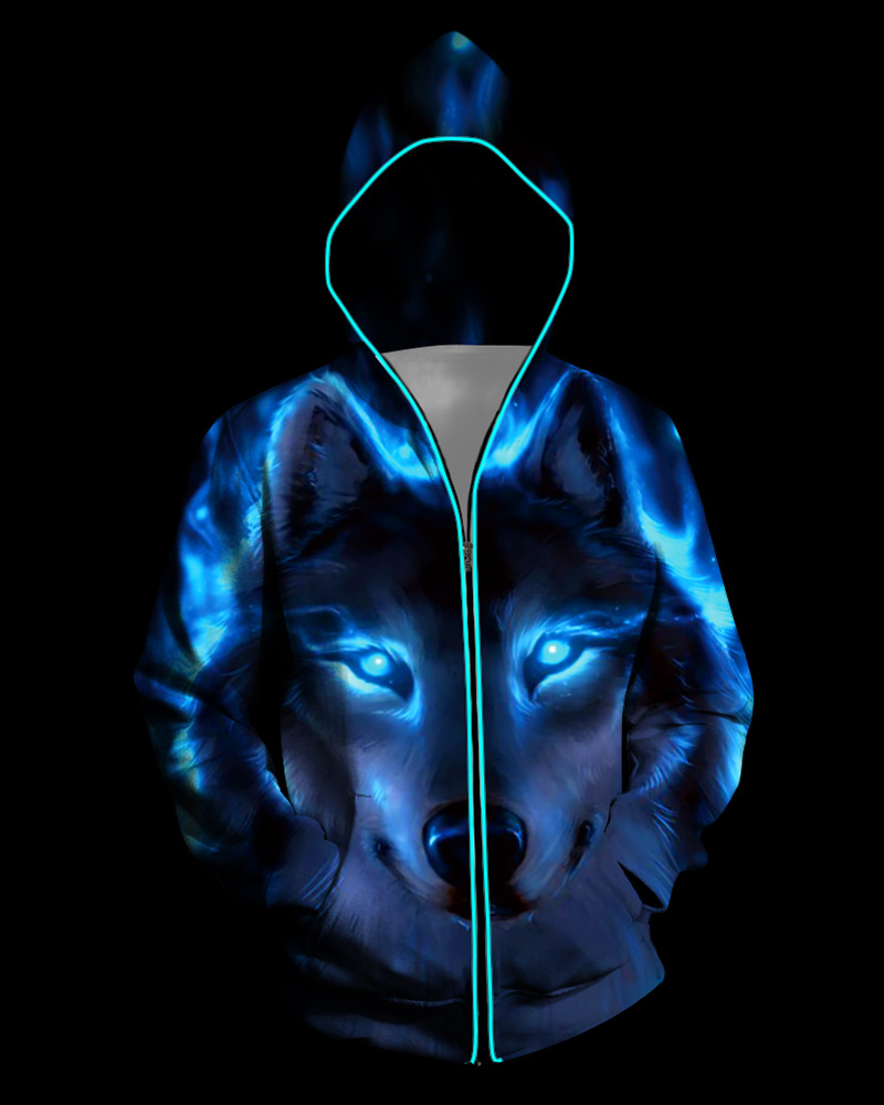 

3D Light Up Hooded Wolf Print Zipper Battery Powered Jacket, Blue