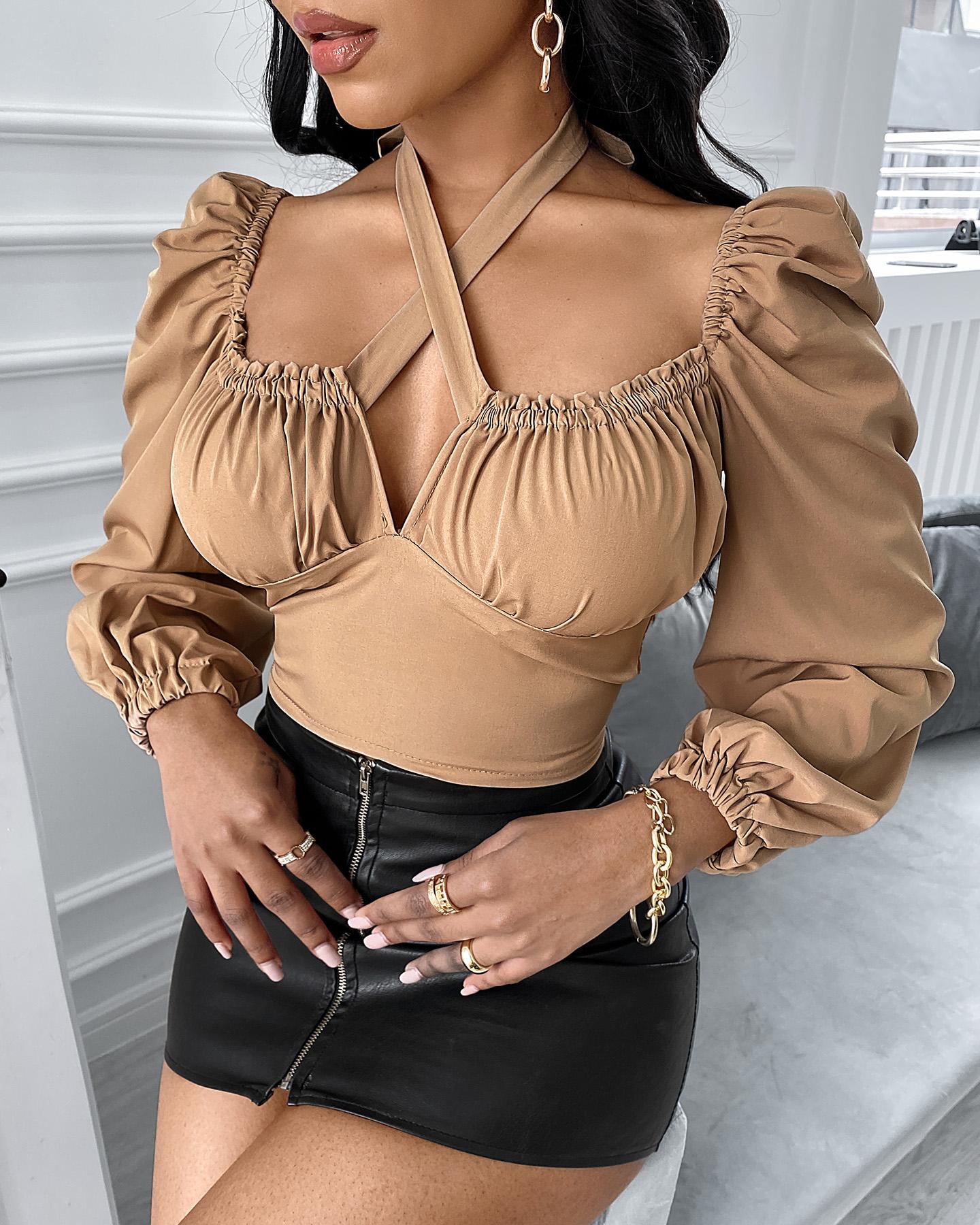 

Crisscross Puffed Sleeve Plain Blouse, Khaki