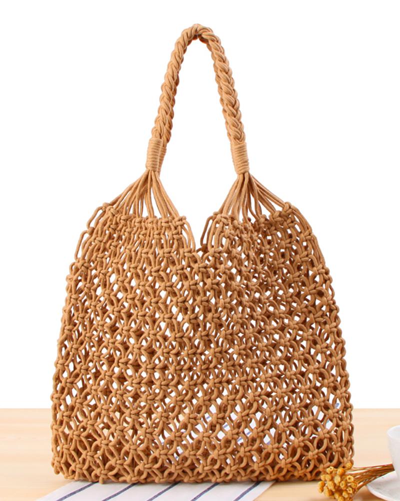 

Woven Shoulder Fishing Net Wicker Tote, Khaki