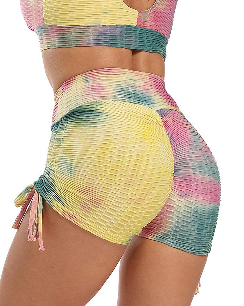 

Tie Dye Print Tummy Control Yoga Shorts Ruched Butt Lifting Textured Shorts, Purple