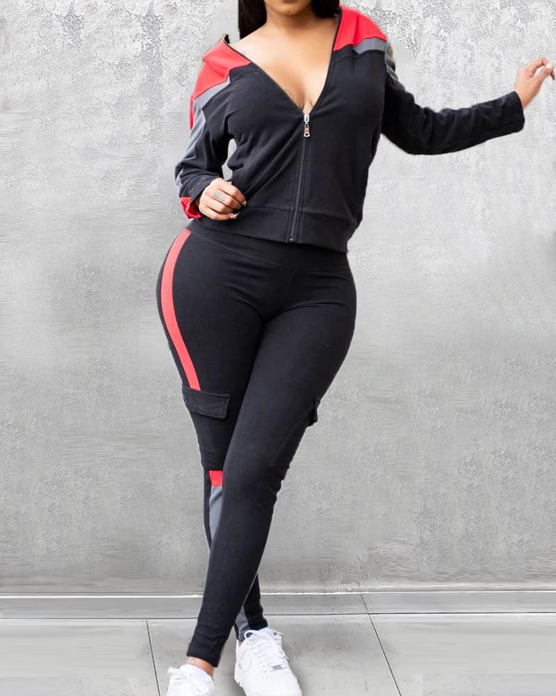 

Colorblock Zipper Front Hooded Top & High Waist Pants Set, Hot pink
