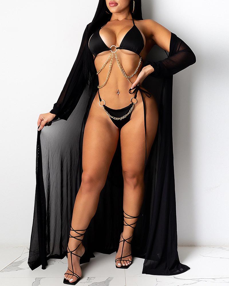 

Chain Strap O-Ring Design Bikini Sets With Cover Up, Black
