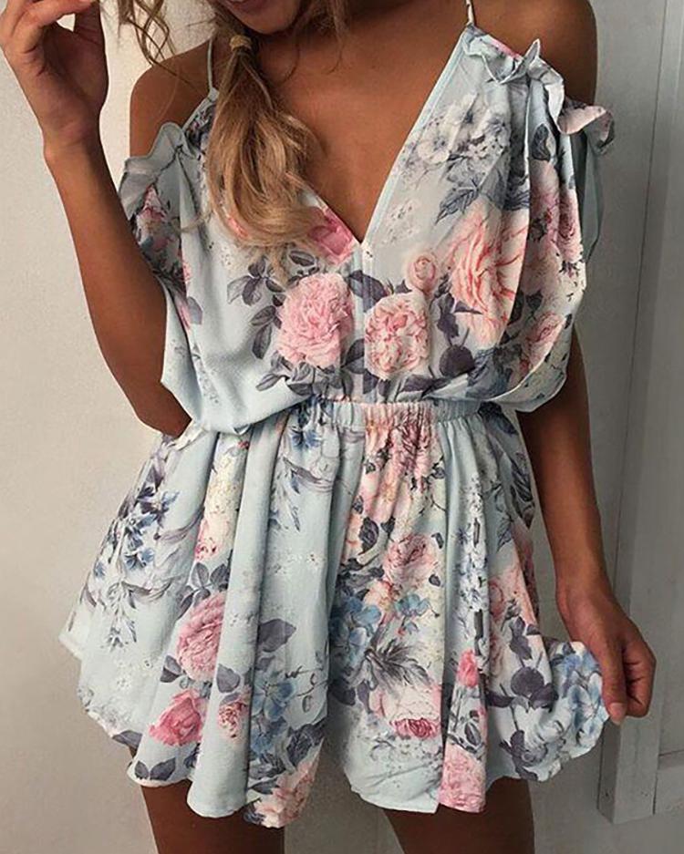 

Floral Printed Cold Shoulder Slip Romper, Blue