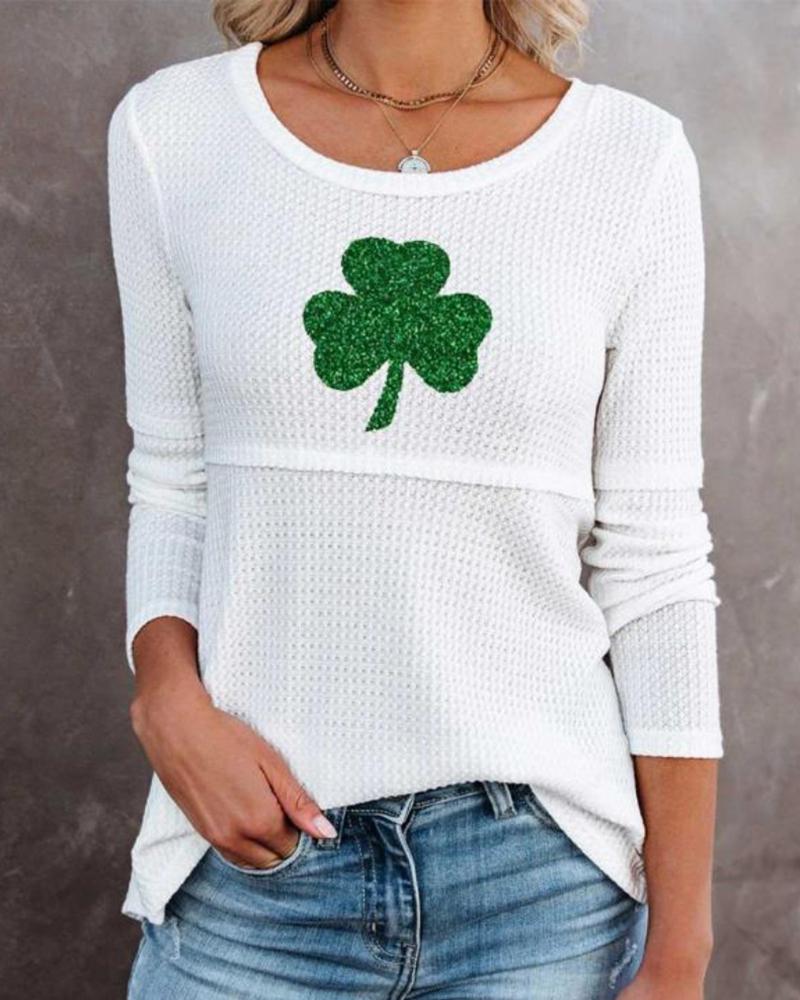 

Heart / Clover Pattern Long Sleeve Casual Top, White