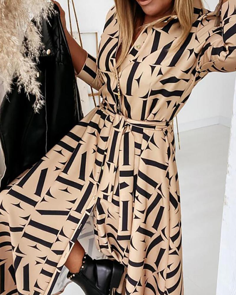

All Over Print Long Sleeve Maxi Shirt Dress, Khaki