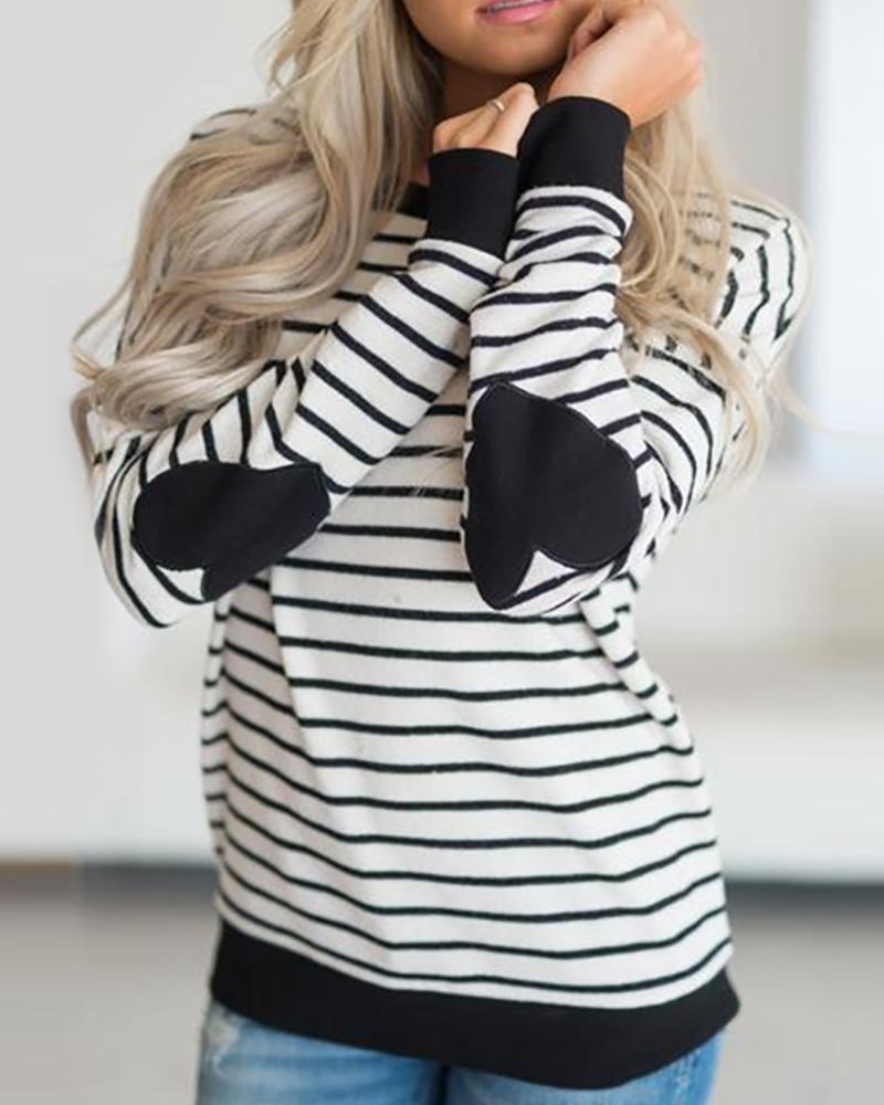 

Heart Print Striped Long Sleeve Top, Black