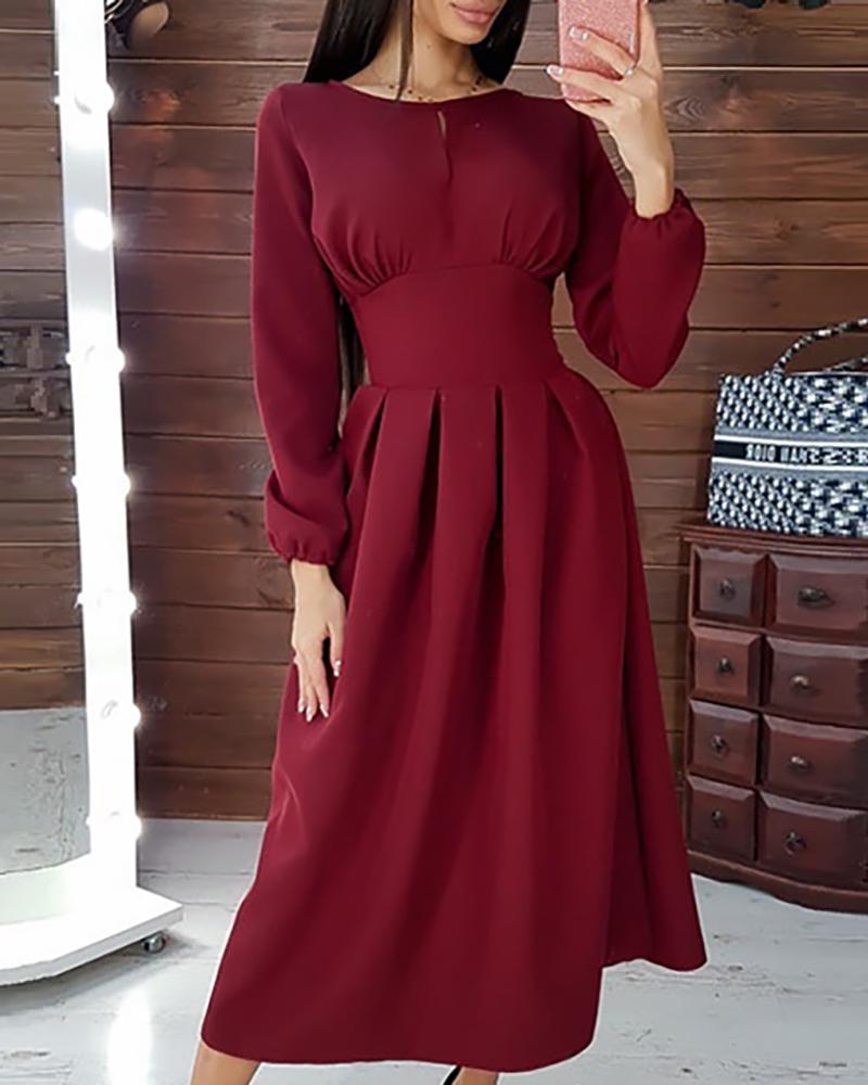 

Solid Tight Waist Casual Midi Dress, Wine red