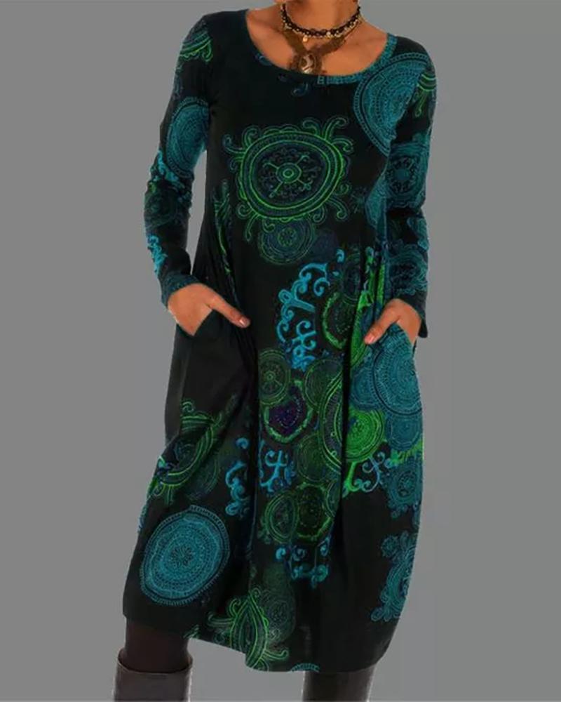 

Plus Size Colorblock Pocket Design Long Sleeve Dress, Blue