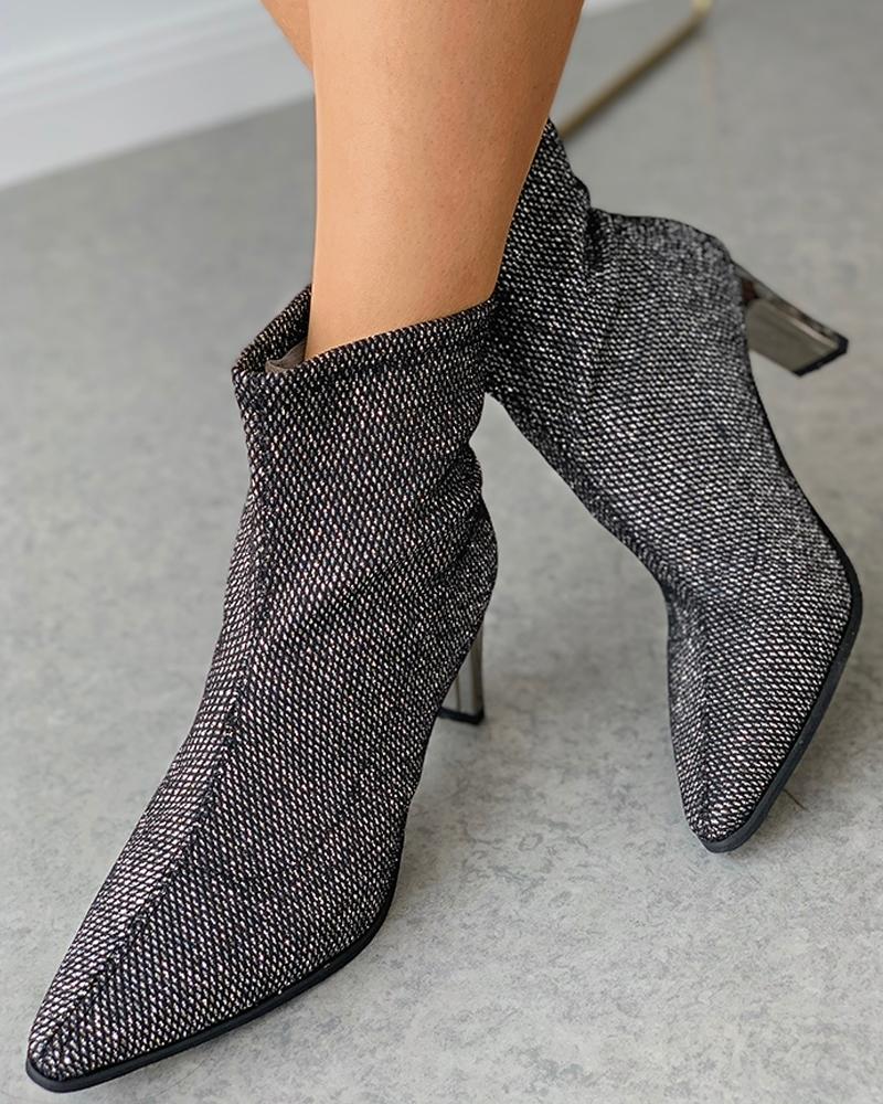 

Sequins Pointed Toe Heeled Sock Boots, Silver