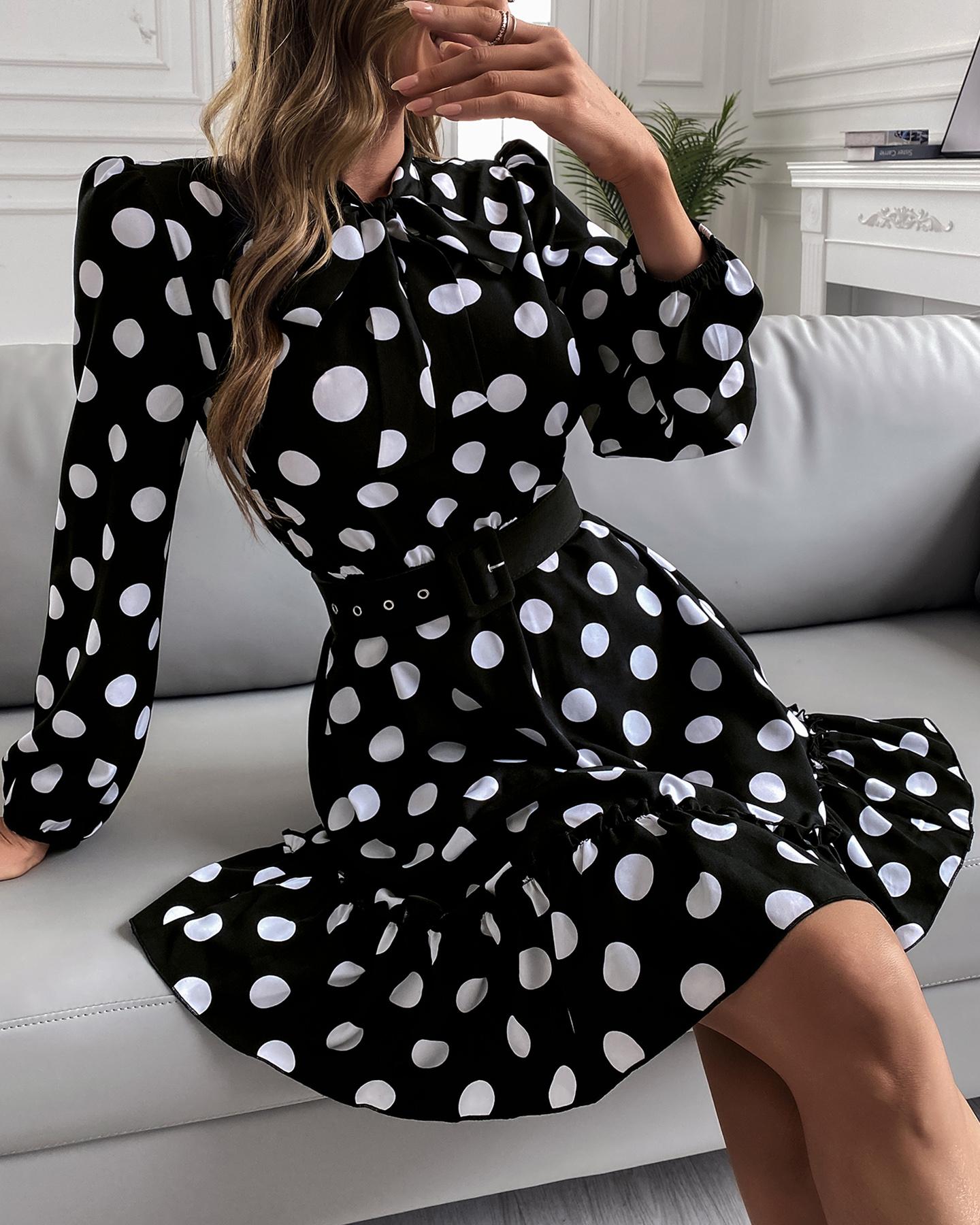 

Polkadot Print Ruffles Hem Long Sleeve Dress, Black