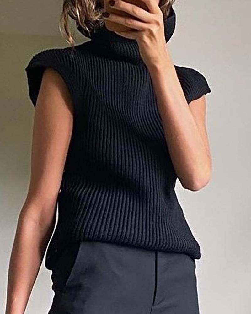 

High Neck Plain Sleeveless Sweater, Black
