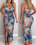 peacock feather print thigh slit slip dress