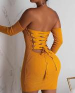 black embroidered lace up back bodycon dress